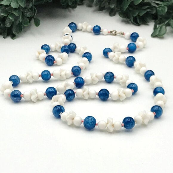 Vintage Blue White Glass Beaded Necklace with orange accent - Picture 1 of 3